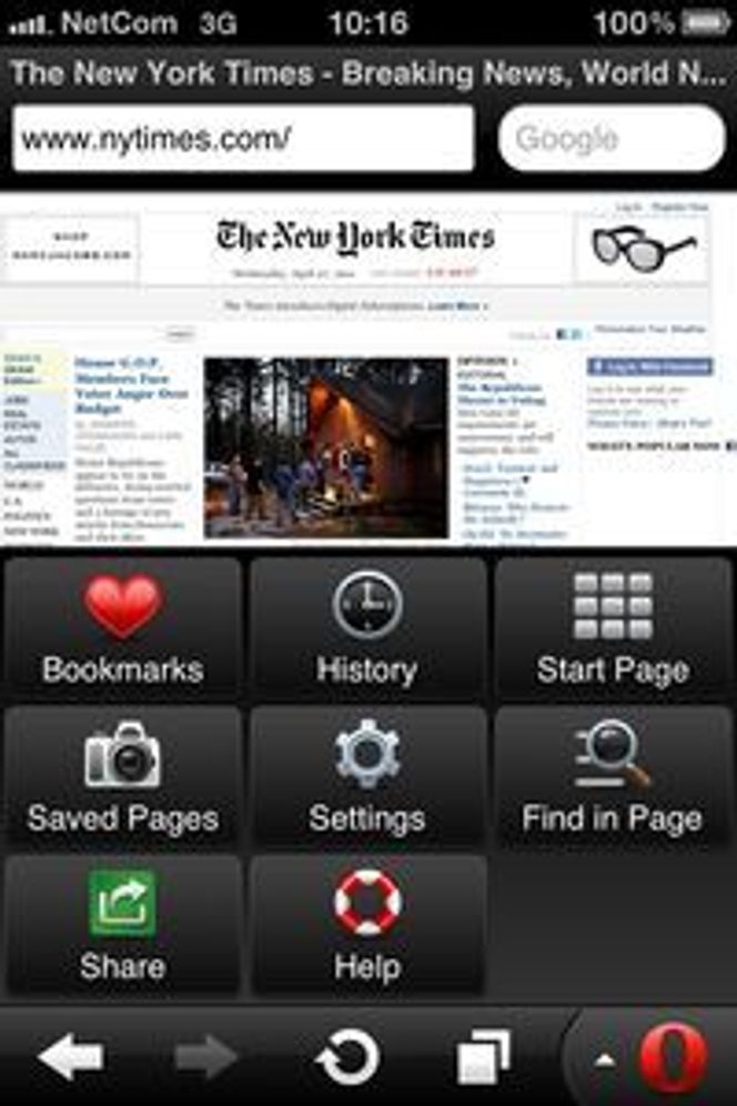 Menyen til Opera Mini 6 på en iPhone 4. Bilde: Opera Software