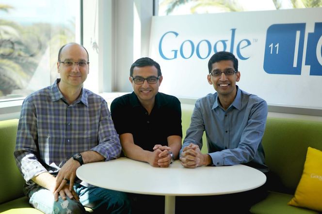 Tre av Googles ledende teknologisjefer i forkant av Google IO 2011. Fra venstre Andy Rubin, Vic Gundotra og Sundar Pichai Bilde: Google