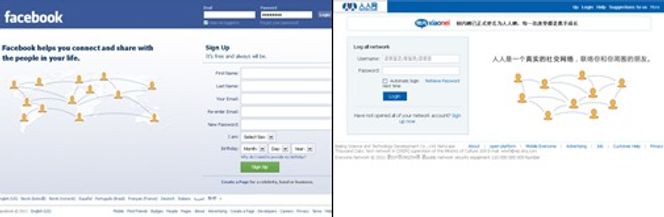 Facebook (til v.) ble etablert året før Renren (tidligere Xiaonei.com).
