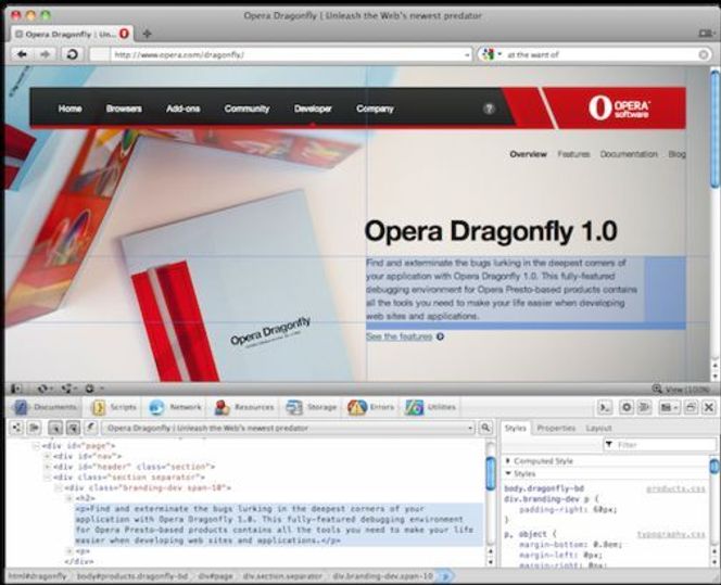 Utviklerverktøyet Opera Dragon er tett integrert med Opera-nettleseren. Bilde: Opera Software