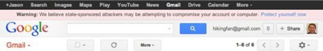 Google varsler brukere dersom selskapet mistenker at Google-kontoen deres står i fare for å bli kompromittert gjennom statssponsede angrep. Bilde: Google