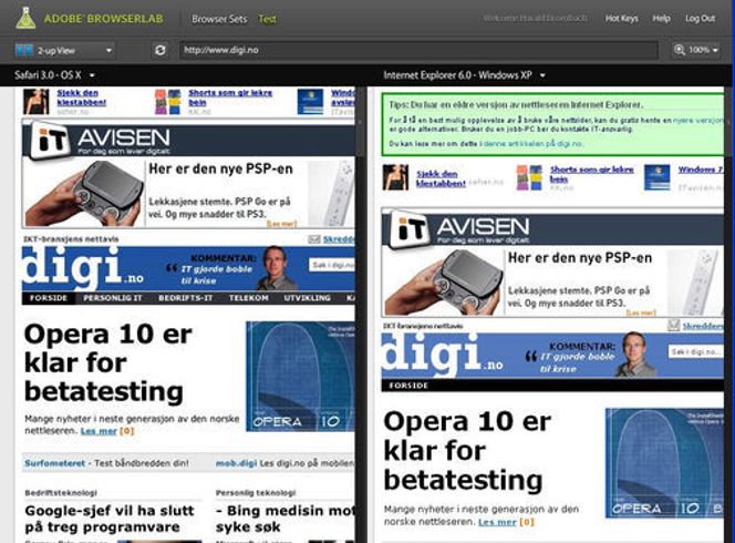 Adobe Browserlab viser digi.no i Safari 3 for Mac og Internet Explorer 6, i Firefox 3 på Windows.