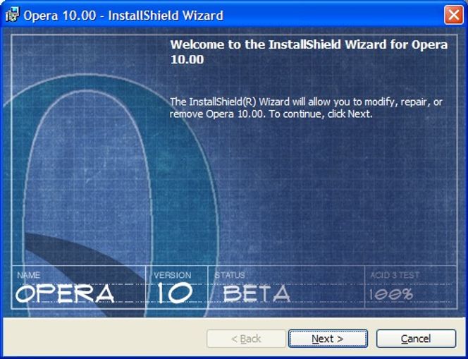 Fra installasjonsprogrammet til Opera 10 beta