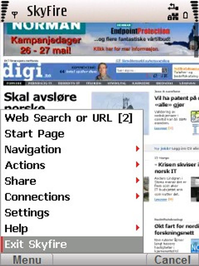 Menyvalgene i Skyfire 1.0 på en Nokia-mobil.