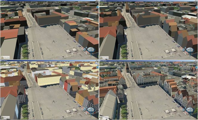 Blom3D-modeller fra Rostock, vist med de fire ulike detaljnivåene.