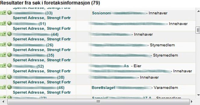 Et enkelt søk i Bizweb avslører hvor en rekke personer med hemmelig adresse holder til. Vi har sladdet deler av skjermbildet for å anonymisere personene. (Foto: skjermbilde fra Visma Bizweb)