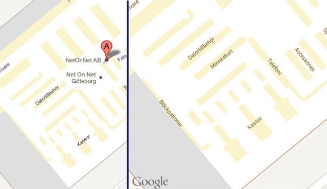 Oppløsningen og detaljnivået i webutgaven er betydelig lavere enn i Android-utgaven. Her ser man et utsnitt av gulvplanen til NetOnNet i Gøteborg. Utsnittene viser omtrent det samme arealet, men Android-utgaven av kartet (til høyre) er langt mer detaljert, selv om det her vises med halvvert oppløsning. Kartet til venstre er fra webutgaven av Google Maps hvor vi har zoomet så langt inn som det går. Bilde: Google Maps/digi.no