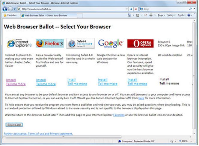 Forslag til valgside for nettlesere i Windows 7.