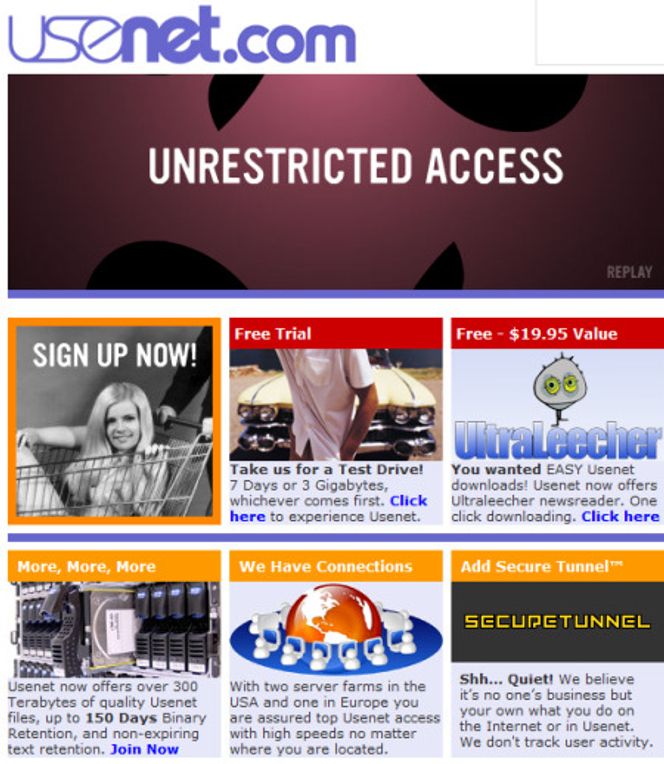 Hjemmesiden til Usenet.com i oktober 2007. Legg merke til rubrikken merket "secure tunnel". I dagens utgave er den erstattet med en mer diskret reklame for SSL og personvern.