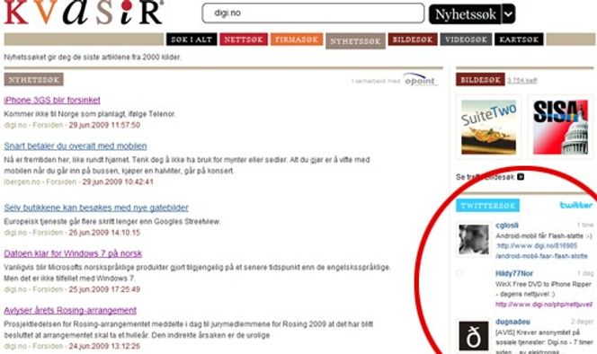 Kvasir lar brukere nå søke blant innhold fra mikrobloggtjenesten Twitter.