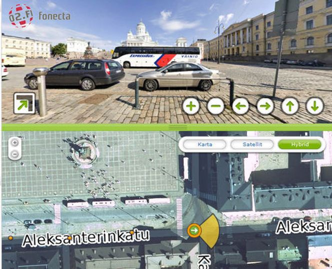 Bildet er fra Senatstorget i Helsinki med katedralen i bakgrunnen. På gatebildet ser vi nesten rett mot katedralen, mens på kartet opplyser "radaren" at vi ser nedover Aleksandersgatan. Dessuten er bildet på toppen tatt på innsiden av trikkeskinnene, mens det har blitt posisjonert på utsiden og en del meter lenger mot øst på satellittbildet nederst. Dette er litt irriterende, spesielt når man går fra bilde til bilde og ikke vet helt hva man egentlig ser.