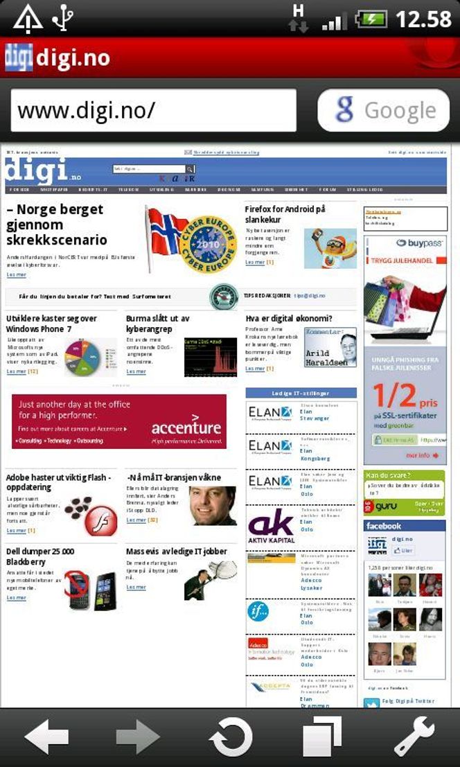 Digi.no vist på Opera Mobile 10.1 beta for Android på en skjerm med oppløsning på 480 x 800 piksler. Det er også mulig å velge fullskjermsvisning. Da vises ikke verktøylinjene, og adressefeltet rullen ut av syne når man ruller nedover på siden. Bilde: digi.no