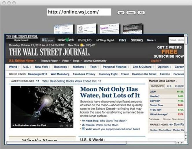 Chromeless-eksempel hvor hver fane vises som et miniatyrbilde av innholdet Bilde: Mozilla Labs