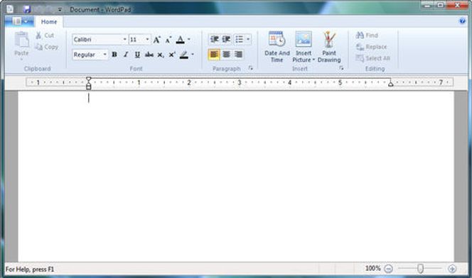 Skriveverktøyet Wordpad, nå med ribbons.