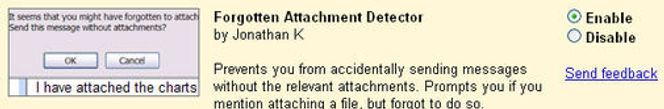Dialogen for å aktivere Forgotten Attachment Detector i GMail.