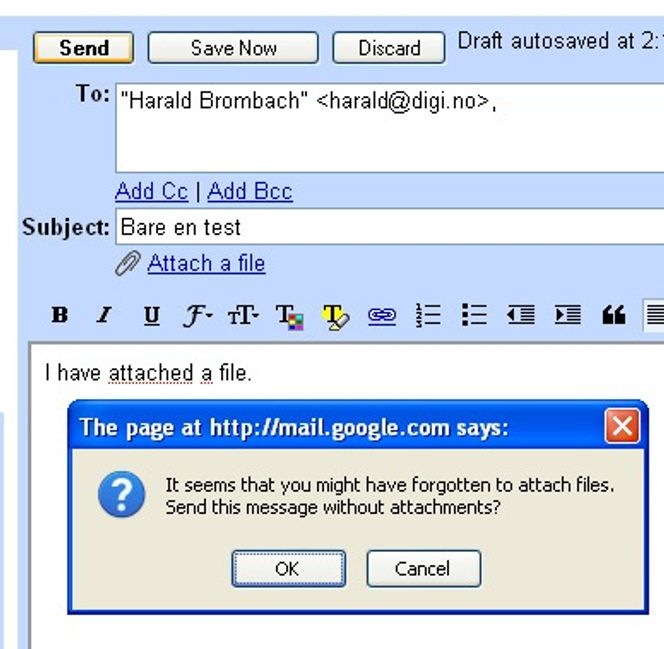 GMail kan varsle brukeren om at et vedlegg kanskje mangler i en e-post.