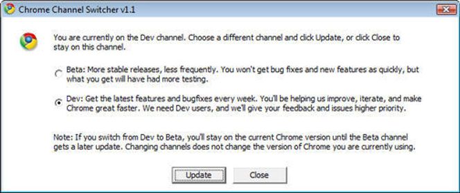 Valg av oppdateringskanal for Google Chrome.