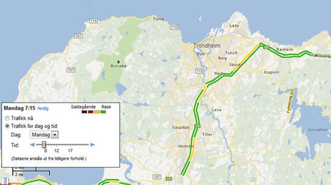 Normale trafikkforhold i Trondheim klokken 7.15 mandag morgen ifølge Google Maps. Visse strekninger er preget av litt mer saktegående trafikk enn det som er vanlig på andre tider av døgnet. Bilde: Google Maps