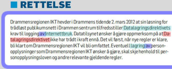 Drammens tidende trykket lørdag en rettelse, etter at Datatilsynet reagerte. Bilde: Drammens tidende
