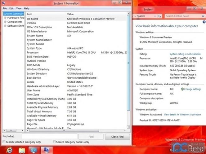 Slik ser angivelig skriverbordet i Windows 8 Consumer Preview ut, hvor startknappen ikke lenger er til stede. Bilde: PC Beta