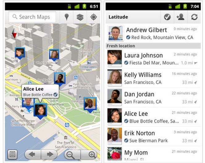 Google Latitude-innsjekking med Google Maps for Android Bilde: Google