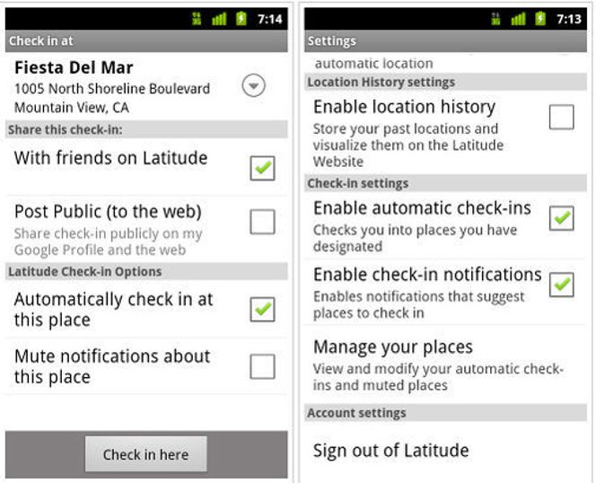 Personverninnstillinger for Google Latitude-innsjekkingen på Android. Bilde: Google