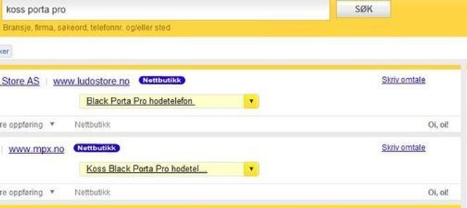 "Kjøpemotoren" til Gule Sider viser hvilke butikker som har produktet brukeren søker etter.