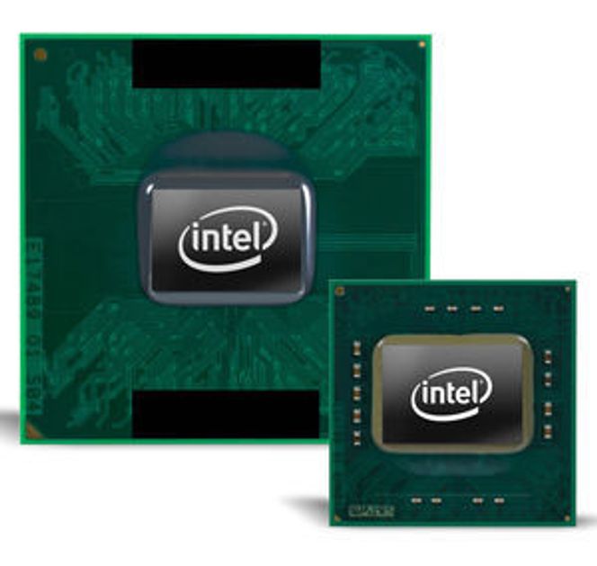 Intel Core 2 Duo prosessor i S-serien (foran) for bærbare PC-er med liten formfaktor, sammenlignet med en vanlig Intel Core 2 Duo-prosessor (bak).
