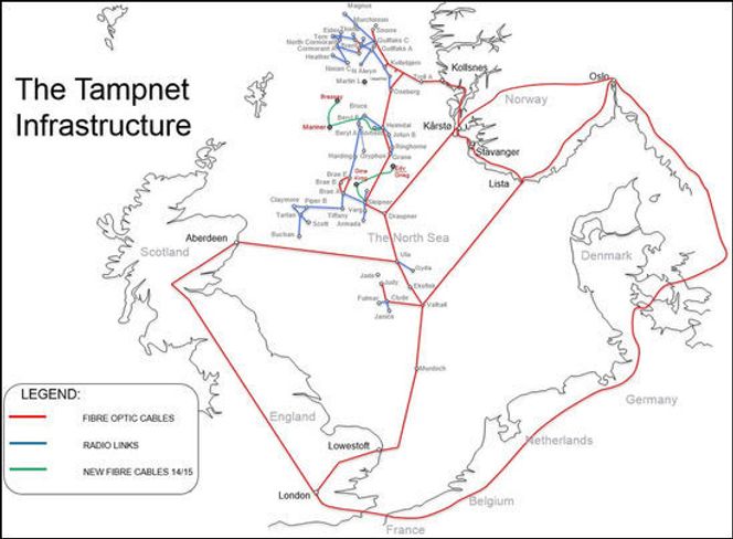 Tampnets fiber strekker seg fra Norge til England og Skottland via norsk sokkel. Bilde: Tampnet