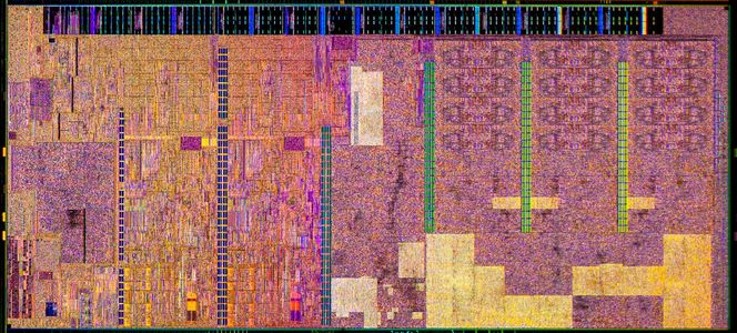 Eksempel på hvordan selve silisiumbrikken i en Broadwell-basert prosessor kan se ut. Bilde: Intel