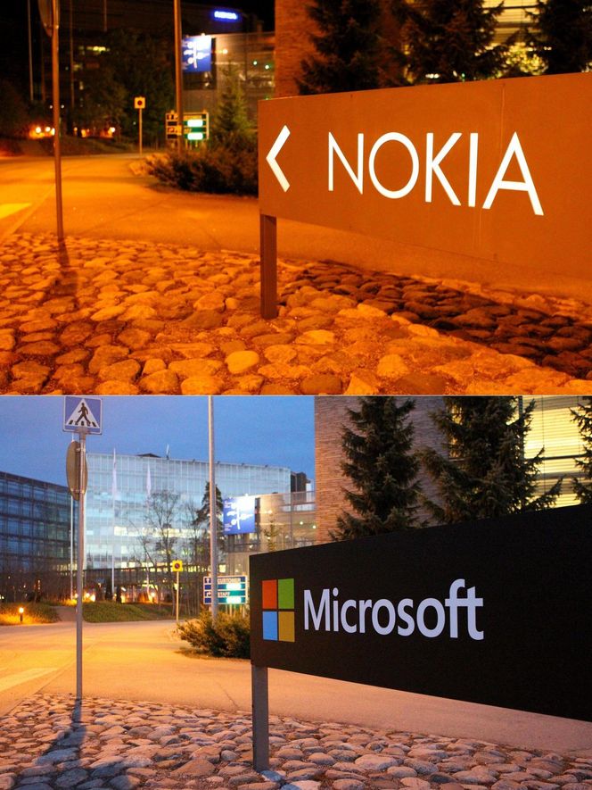 Perioden er preget av at Nokias- mobildivisjon nå er del av Microsoft. Bildet viser at selskapet har erstattet skiltet ved Nokias gamle hovedkvarter i den finske byen Espoo. Bilde: imago/Xinhua/ All Over Press