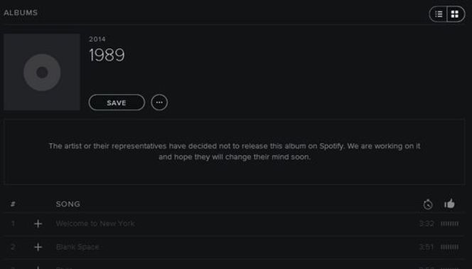 Taylor Swifts nyeste album er ikke tilgjengelig på Spotify, og tjenesten skjuler ikke misnøyen sin. Bilde: Skjermbilde