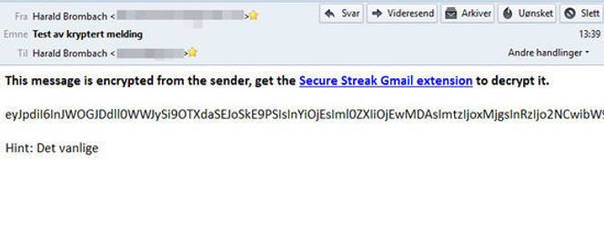 Slik ser den krypterte e-posten ut for mottakeren, her i en ekstern e-postklient. Dersom e-posten er sendt til en annen e-postadresse enn den til en Gmail-konto, kan meldingen videresendes til mottakerens Gmail-konto og åpnes der. Bilde: Harald Brombach