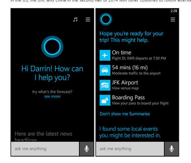 Slik ser brukergrensesnittet til Cortana ut. Bilde: Microsoft