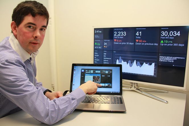 Carsten Lehbrink viser fram Tellystream, trådløst overført til en Samsung-tv. På tv-skjermen vises et panel fra Geckoboard. Bilde: Harald Brombach