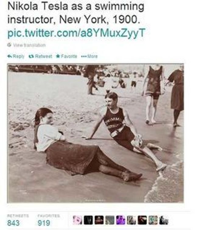 Svømmelærer? Ja. Vitenskapsmannen Nikolas Tesla? Nei. Faksimile fra Twitterkontoen @historicalpics