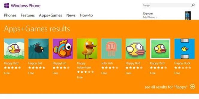 Søk etter Flappy Bird i Windows Phone Store. Bilde: digi.no