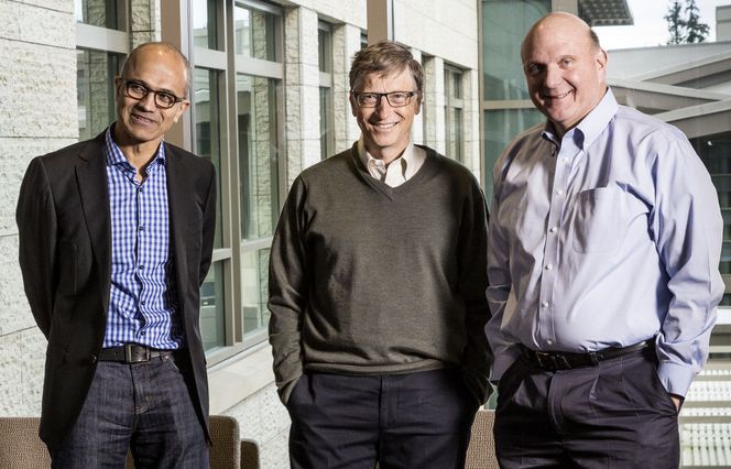 Satyua Nadella overtar for Steve Ballmer (t.h),med Bill Gates som aktiv rådgiver.(Foto:(c) Microsoft/Handout/Corbis/All Over Press) Bilde: (c) Microsoft/Handout/Corbis/All Over Press