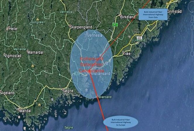Kristiansand Datasenter Campus skal bli et gigantisk område for utbygging av datasenterindustri, strategisk nær direktefiber til kontinentet. Bilde: Infragreens hjemmeside