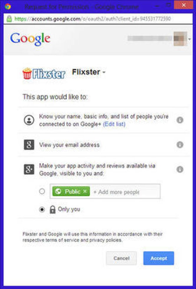Filmatjenesten Flixster er blant de første som har tatt i bruk Google+ Sign-In. Her vises dialogen om hvilken informasjon Flixster ønsker fra brukerens Google+-konto. Brukeren har noen valgmuligheter. Bilde: digi.no