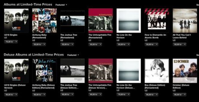 U2 er godt synlig på iTunes for tiden, og deres eldre album selger også godt. Bilde: Skjermbilde