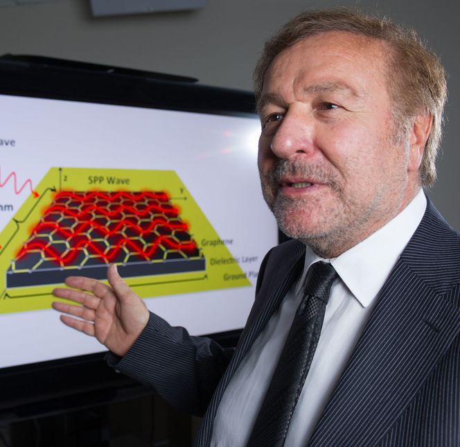 Professor Ian Akyildiz og den modellerte grafénantennen. Bilde: Rob Felt/Georgia Tech