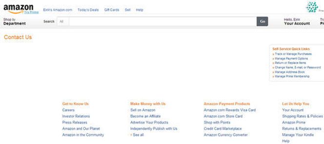 Amazon-side for Contact Us: Feltene for tilbakemelding via henholdsvis e-post og chat mangler.