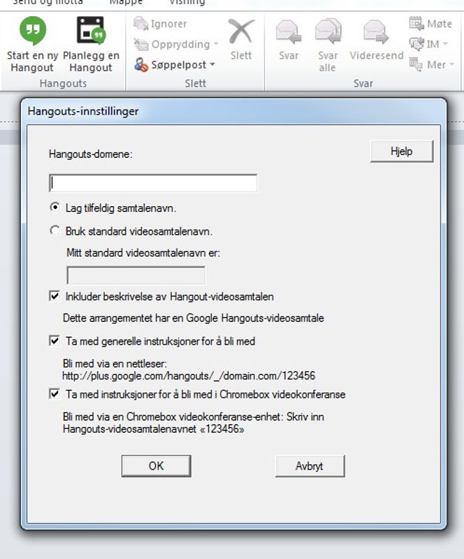 De nye knappene som Googles Hangout-plugin opprettet i Outlook. Ved første gang start av en Hangout blir man møtt med dette dialogvinduet. Men i utgangspunktet holder det å klikke "OK". Bilde: digi.no