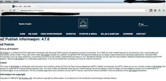 Aker ASA kjørte ifølge dette skjermdumpet, en ulovlig lisens av eZ Publish. Skjermdumpet er gitt til digi.no av en kilde, derfor har vi sladdet deler av informasjonen. I dag kjører Aker ASA på en åpen lisens. Bilde: Skjermdump