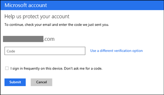 Her blir brukeren bedt om å oppgi en kode som har blitt sendt via e-post. Nederst er det mulig å deaktivere kravet om koder på den aktuelle enheten. Bilde: Microsoft