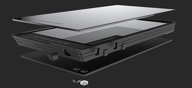 Et konseptbilde av Ubuntu Edge med det spesielle ripefrie safirglasset. Ellers merker vi oss utformingen med skrå hjørner. Ligner ikke dette litt på Microsofts design for Surface?