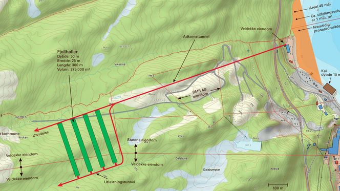 Fjellhallene som planlegges sprengt ut i Raudsand er 25x50x300 meter store og skal plasseres parallelt med en senteravstand på 75 meter.Adkomst til hallene er via en ca. 1 kilometer lang tunnel fra industriområdet ved Raudsand. Foto: Bergmesteren Raudsand AS