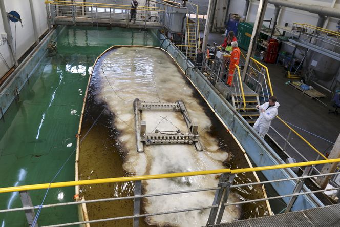 ChemFree slepes over oljeflaket i den 30 meter lange og 7 meter brede bassenget til Kystverket i Horten. . Foto: Kystverket