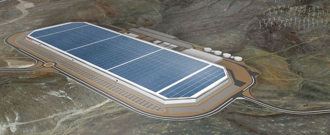 En tidlig konseptskisse av batterifabrikken. Legg merke til vindmøllene i høyre hjørne. Tesla-fabrikken skal etter planen forsynes med 100 prosent fornybar energi. Foto: Tesla